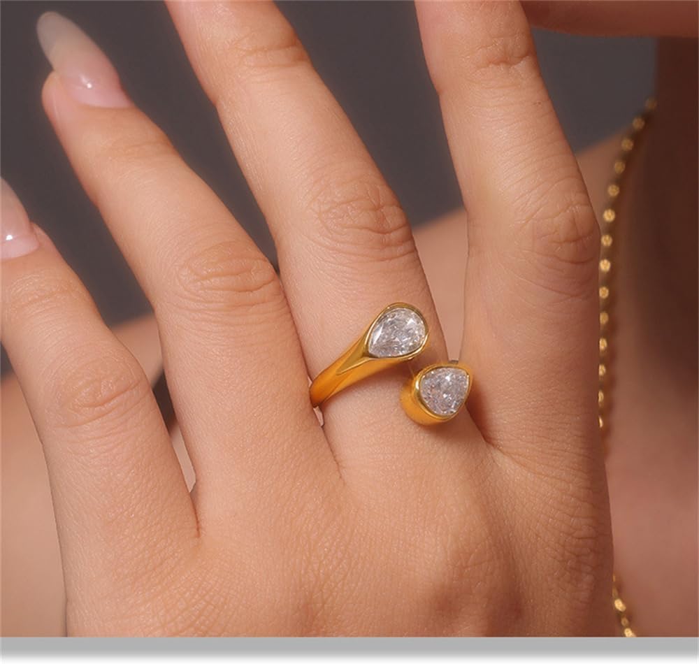 Kokoma Cubic Zirconia Waterdrop Wrap Finger Band for Women Double Crystal Teardrop Shape Adjustable Stacking Ring Open Statement Promsie Rings - Image 2