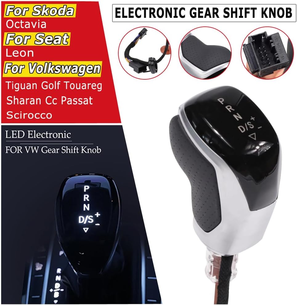 Hacreyatu LHD Automatic LED Gear Shift Knob Retrofit Kit Fit for VW Golf MK6 MK7 Passat B7 B8 Tiguan MK2 Polo (Silver Matte Scarlet Letter)