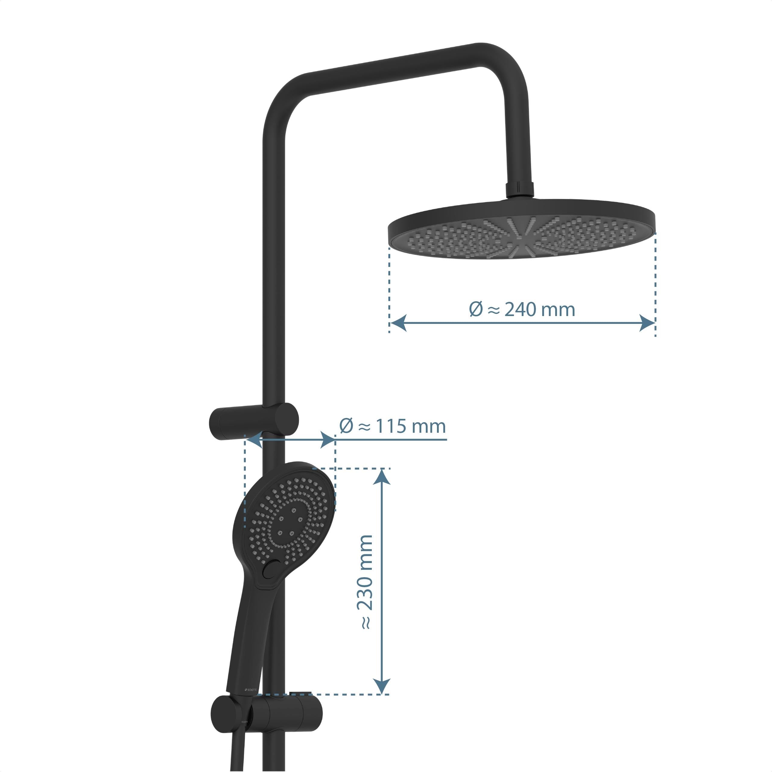SCHÜTTE ADRIA 60171 Duschsystem mit Thermostat, Duschset mit großer Regendusche (Ø 24 cm) und verstellbarer Handbrause, Brauseset mit Duschstange, Duschsäule Duschpaneel, Schwarz