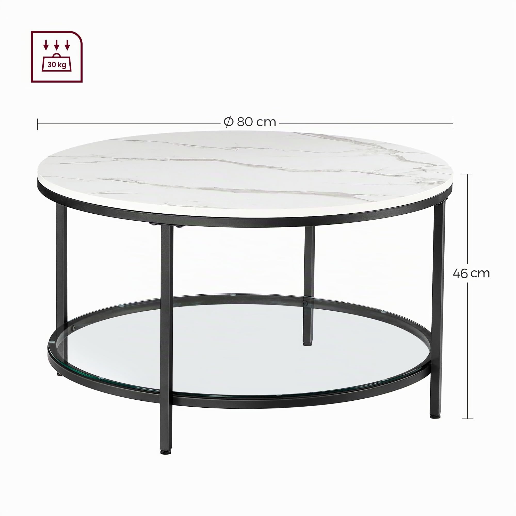 VASAGLE Tavolino da Salotto Rotondo, Tavolino da Caffè Tavolo con Piano Effetto Marmo, Ripiano in Vetro Temperato, Montaggio Facile, Moderno, Soggiorno, Bianco Marmo e Nero Inchiostro LCT071B13