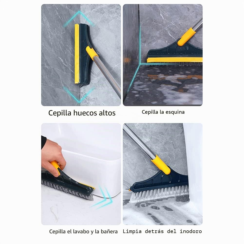 Estropajo 3 en 1 con empujador de agua, mango largo, giratorio 120°, cepillo de limpieza para el hogar para la limpieza de terrazas, azulejos, baño