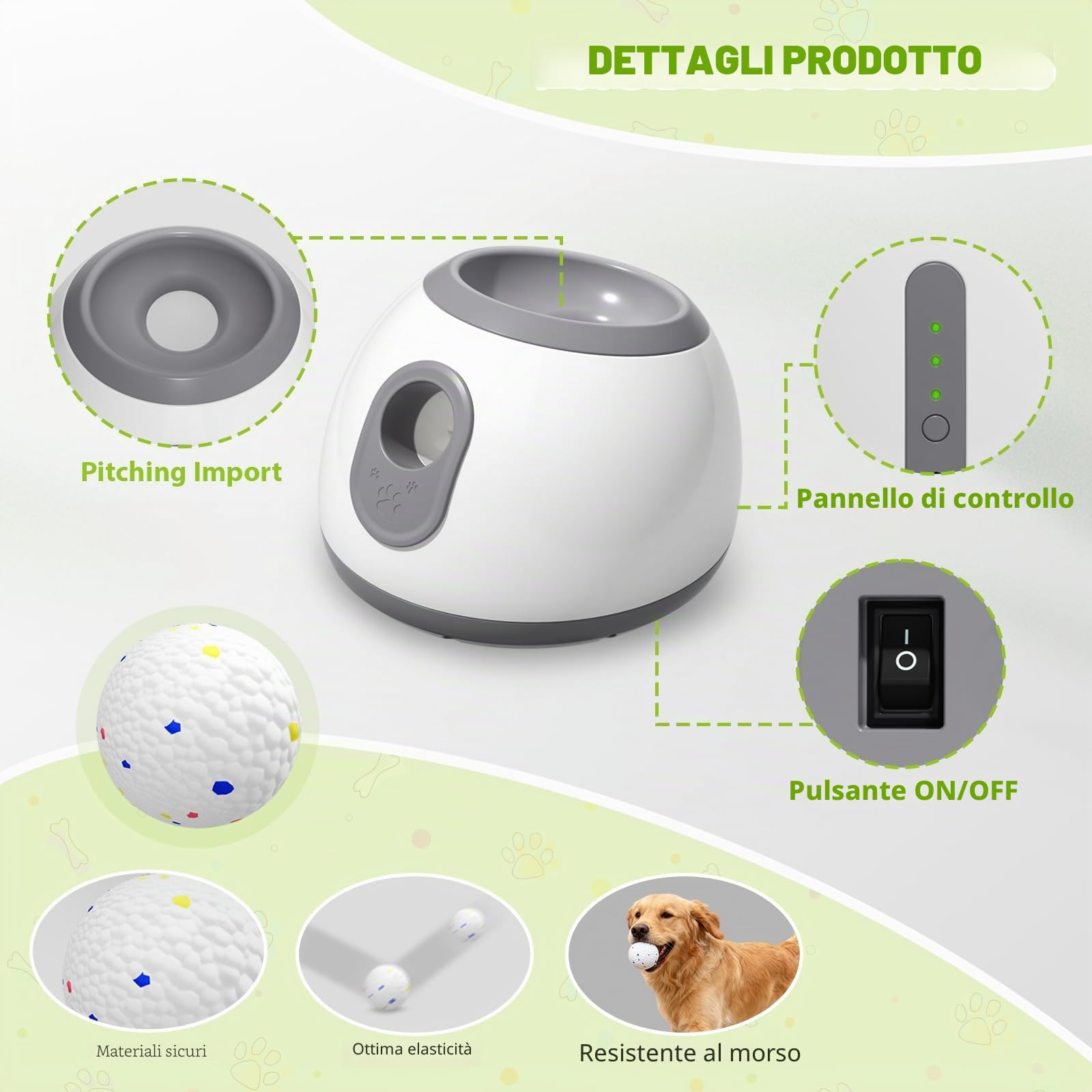 lancia palline per cani,lancia pallines per canii automatico con 6 pallinee da tennis da 2'',palla interattiva per canii distanza regolabile 10/20/30ft spara pallines per cani giochi