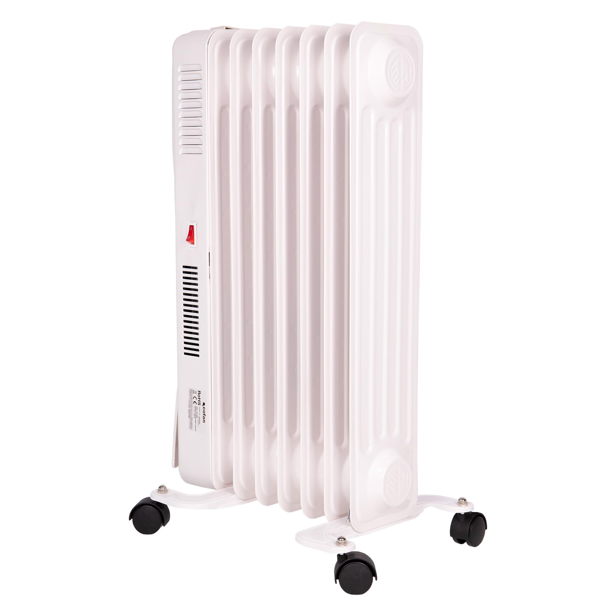 Cofan Radiador de aceite de 1500 W | 7 elementos | 3 niveles de potencia | Con termostato y ventilador | Protección antivuelco | 37 x 24 x 65 cm