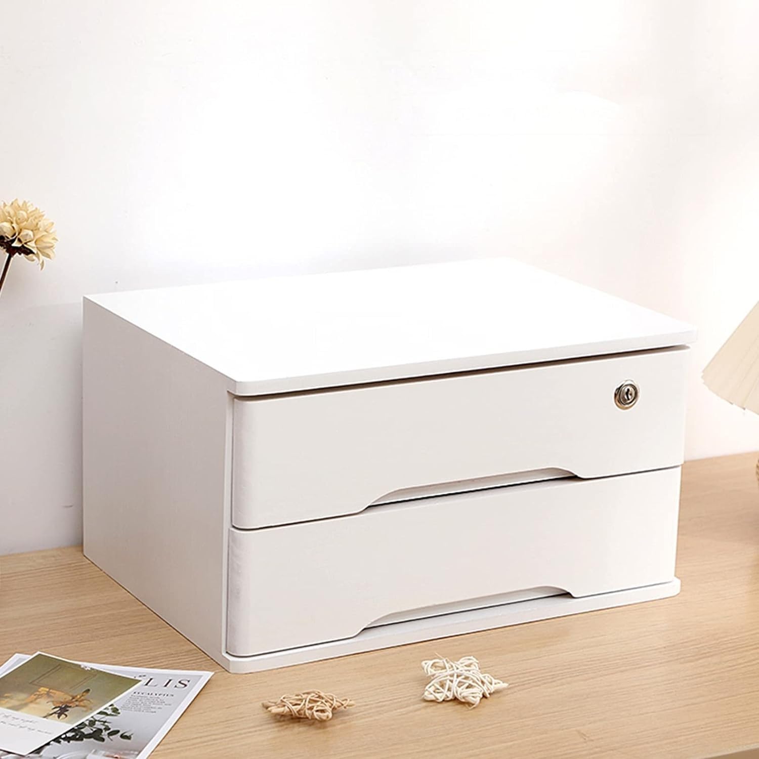 noxozoqm Wooden Desktop Storage Box With Lockable Drawers, Office Supplies A4/Receipt File Organizer, Flat File Cabinet(Color:D,Size:2 drawer)