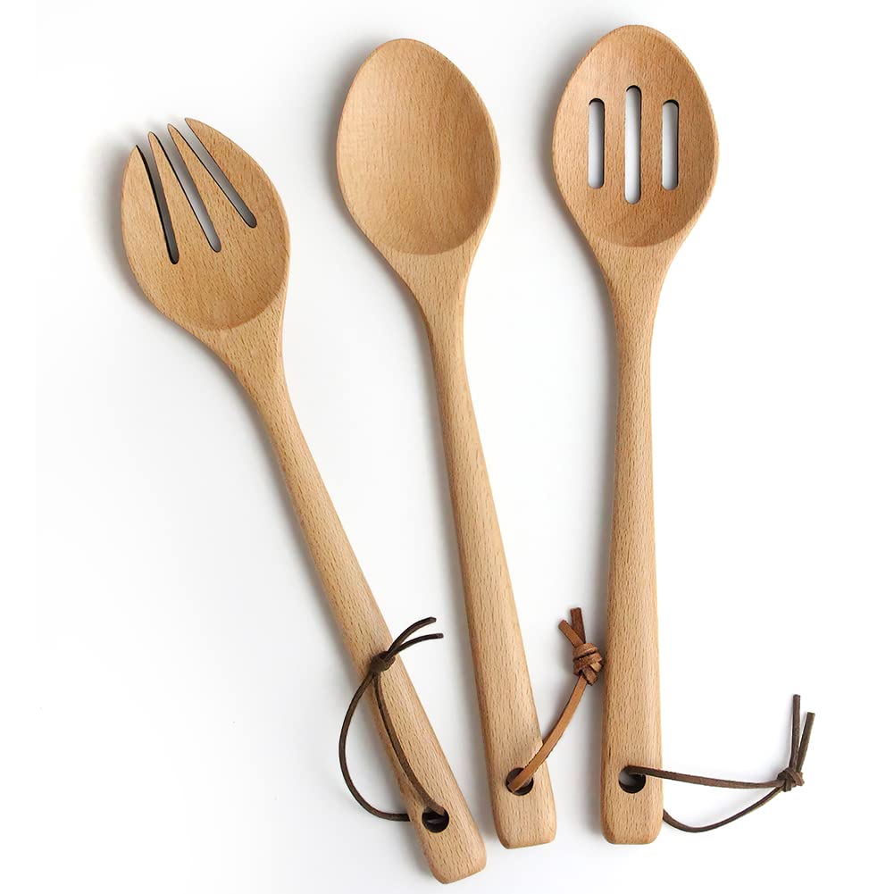Wooden Cooking Spoon x 1, Draining Spoon x 1 and Cooking Fork x 1, YFWOOD 11.8inch/30cm Large Serving Spoons Forks Set for Buffet Party Banquet Table and Kitchen