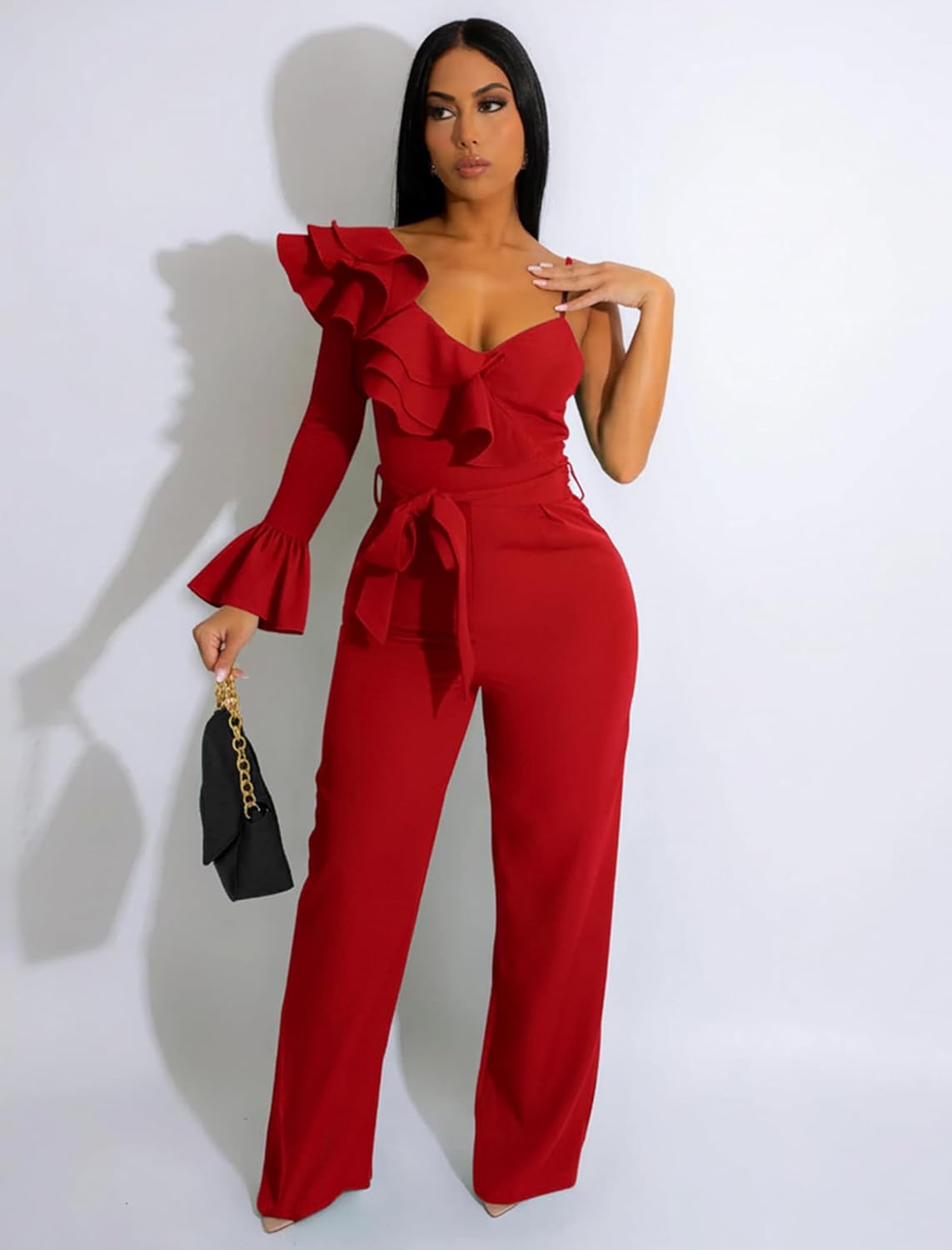 chicyes Women's Jumpsuits Dressy Off Shoulder Long Sleeve V Neck Rompers Wide Leg Pants Summer Vacation Sexy Club Outfits - Image 2