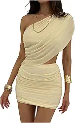Minivestido feminino de um ombro só, sem mangas, franzido, colado ao corpo, para sair à noite