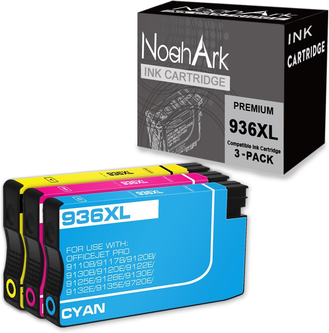 NoahArk 3 Packs 936XL 936 Compatible Ink Cartridges Replacement for HP OfficeJet Pro 9110b 9117b 9120b 9130b 9120e 9122e 9125e 9128e 9130e 9132e 9135e 9720e 9730e Printer (Cyan, Magenta, Yellow)