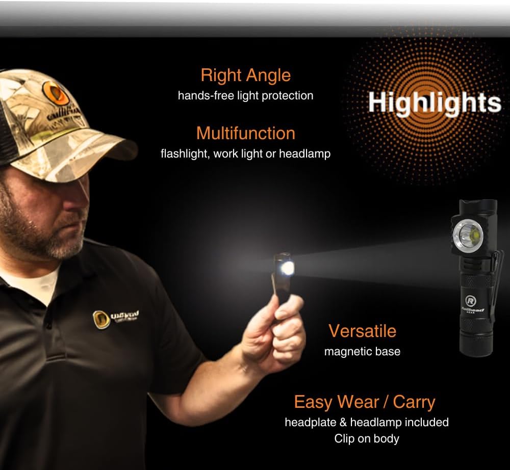 Railhead Gear Right Angle Flashlight, Magnetic LED Work Light Headlamp, Compact Aluminum Body, 150 Lumens, KE-RT85