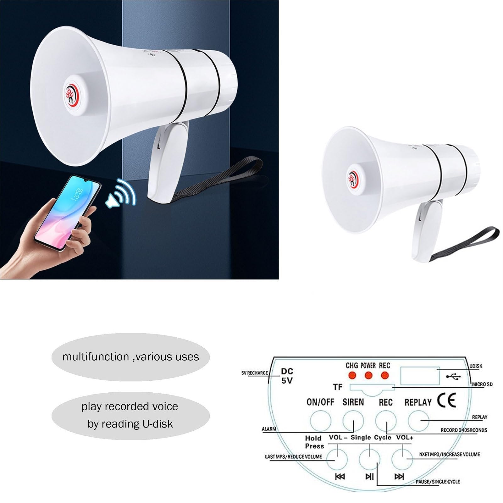 Megafono Ricaricabile da 20 W con Sirena, Registrazione e Riproduzione su Disco U - Suono Forte per attività all'aperto, Allenatori e Guida per Eventi