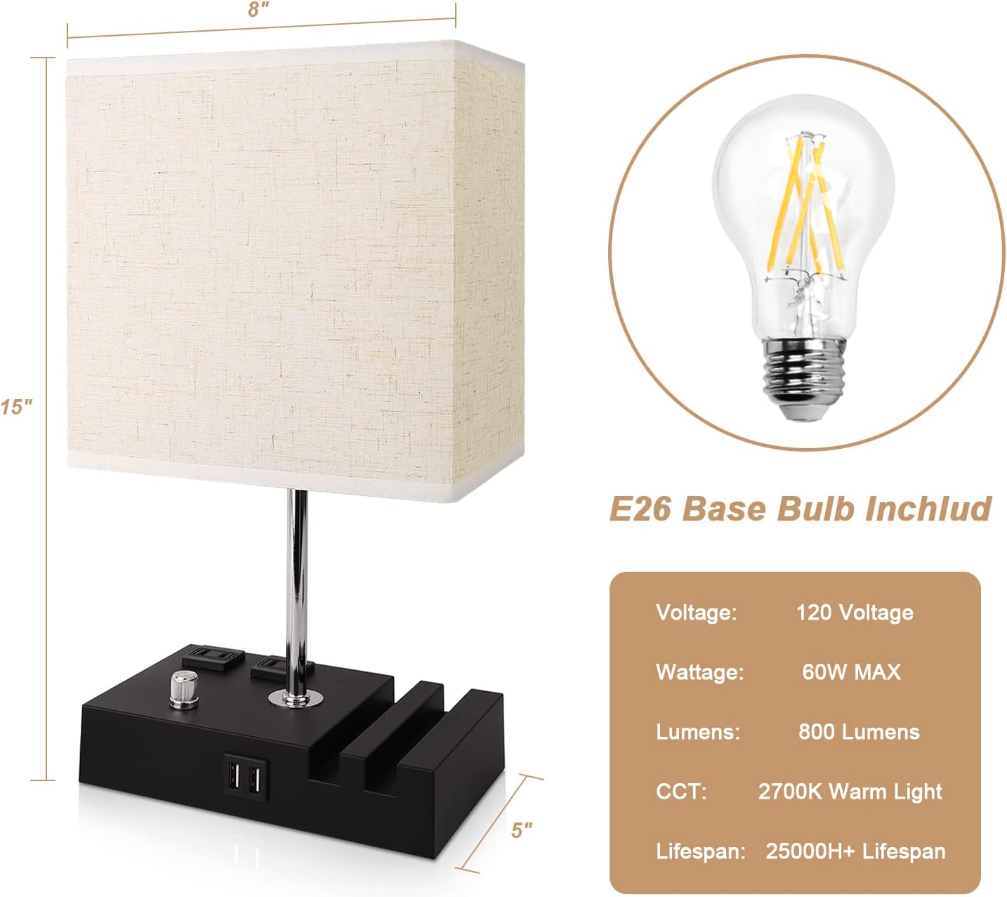 Bedside Table Lamp for Bedroom - Fully Dimmable Touch Control Nightstand Lamp with 2 USB,2 Charging Outlets and Phone Stands for Study Living Room,Linen Cream Rectangle Shade (Bulb Included)