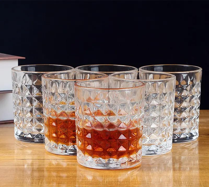 Image of Whiskey Glasses Set of 6 pcs- 300 ml Bar Glass for Drinking Bourbon, Whisky, Scotch, Cocktails, Cognac- Old Fashioned Cocktail Tumblers (4, Checks)