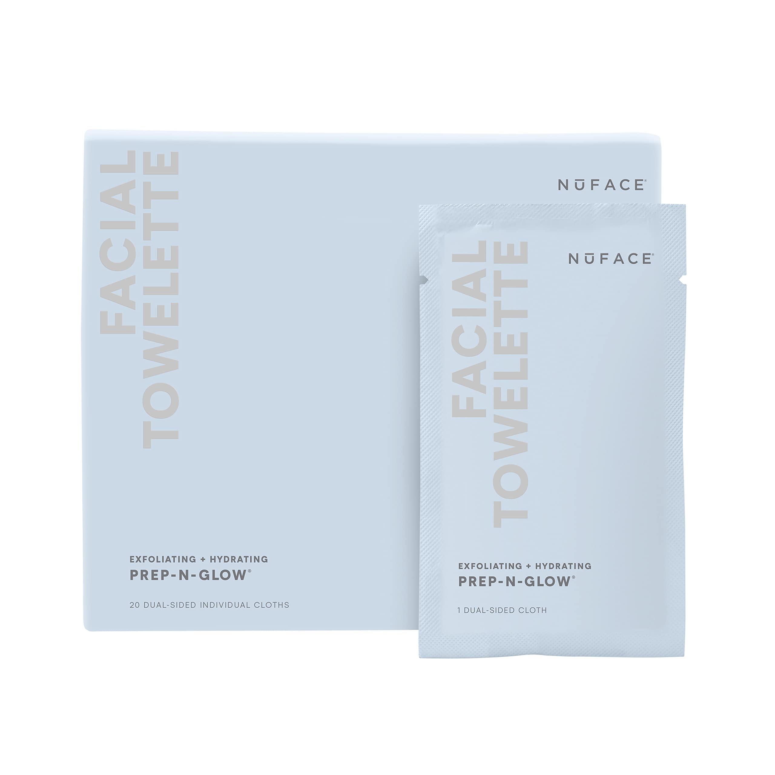 NuFACE Prep-N-Glow - Salviette per il viso 2 in 1, con acido ialuronico, detergenti, idratanti, per una pelle luminosa, 20 salviette, confezionate singolarmente