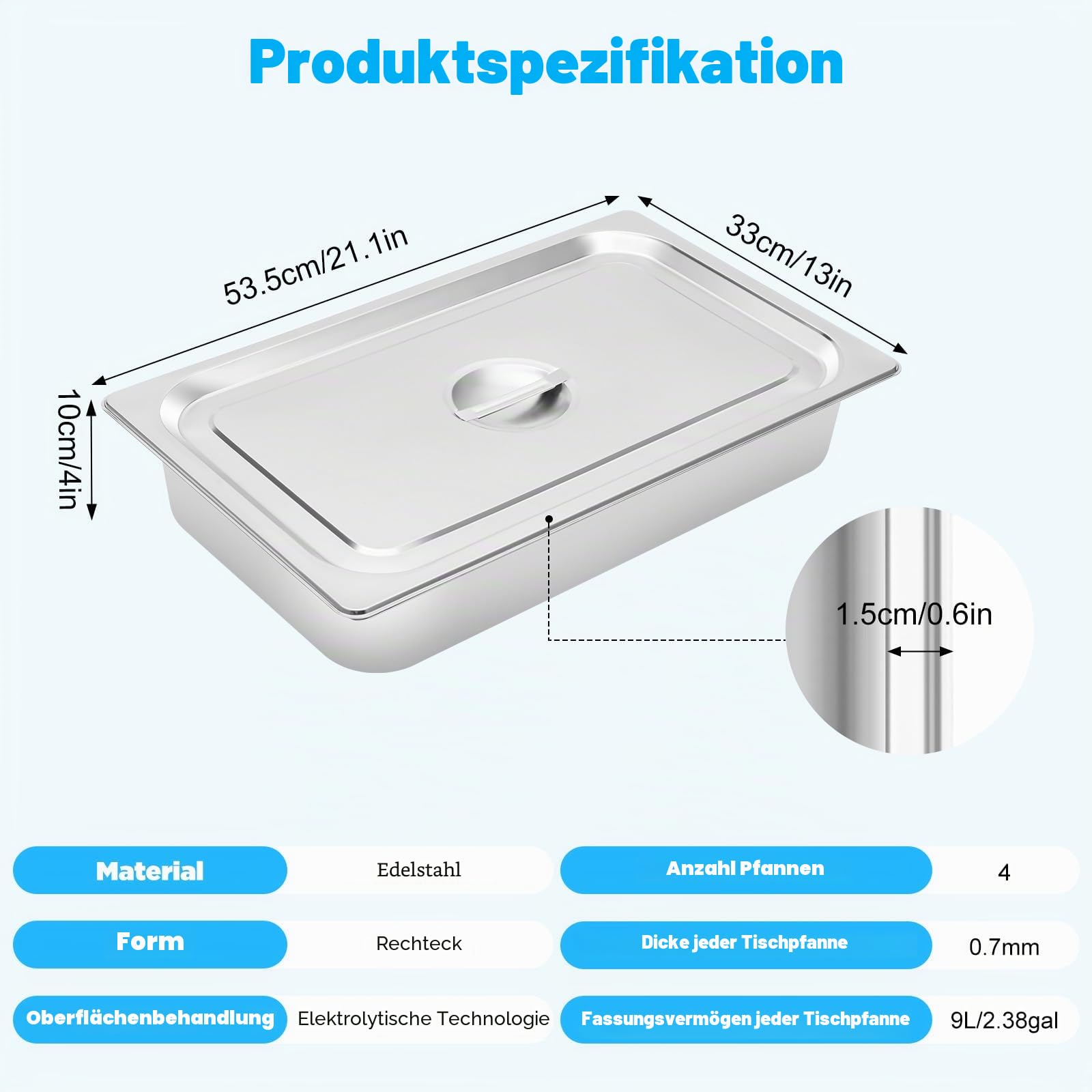 4 Stück Deep Gastronormbehälter Edelstahl Lebensmittelschalen,Behälter Wärmebehälter Chafing Dish Wärmeerhaltung Platzteller,für Hotelpfanne Buffet 20x12x4 Zoll
