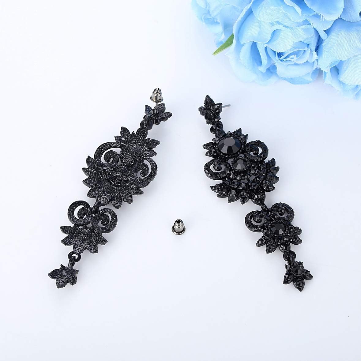 mecresh Vintage Floral Teardrop Butterfly Wing Black Austrian Crystal Drop Dangle Earrings for Women Bride Gift - Image 4