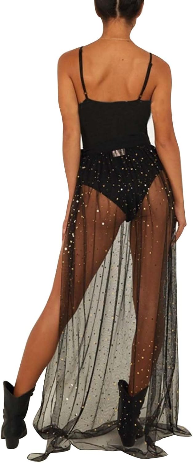 Glitterrok voor dames, lang, doorzichtig, mesh-rok, festival, zwarte Glitterrok voor dames, lang, doorzichtig, mesh-rok, festival, zwarte