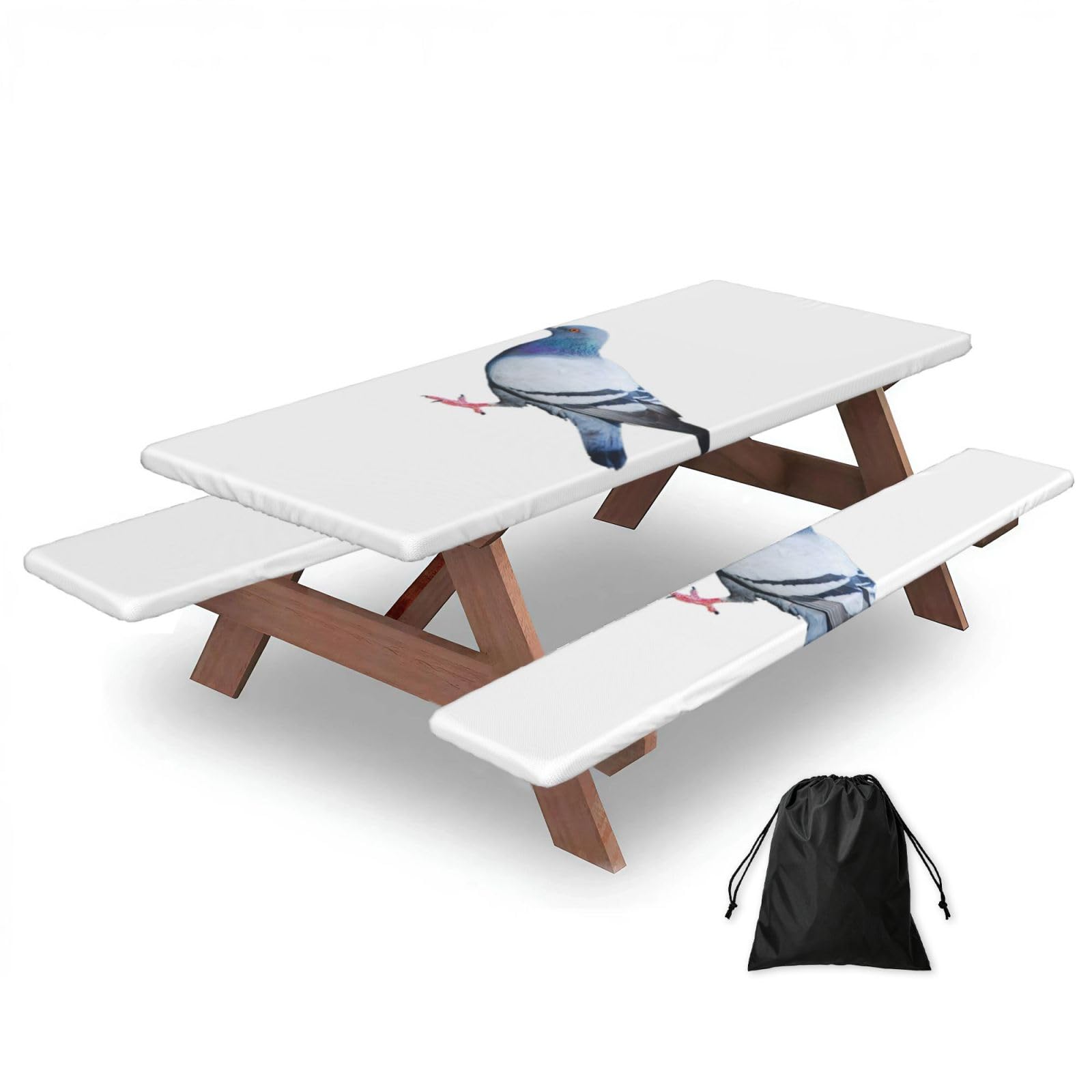 Duwaa Black Pigeon Print 183Cm Picnic Table Cover With Bench Covers, Waterproof Elastic Tablecloth Set For Outdoor