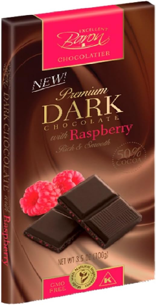 Premium Dark Chocolate with Raspberry 50% Cococa 3.50 Ounces (Case of 12)
