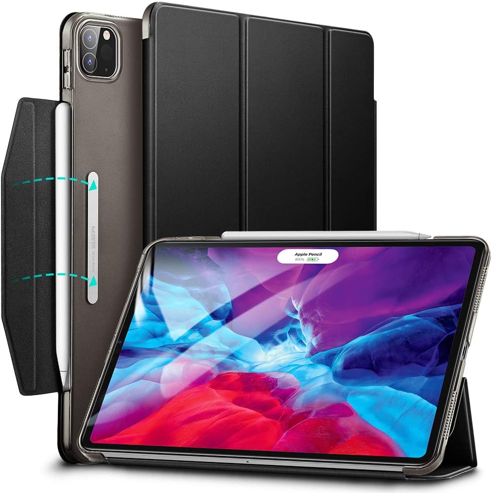 ESR Yippee Trifold Smart Case for iPad Pro 12.9" 2020 & 2018, Lightweight Stand Case with Clasp, Auto Sleep/Wake [Supports Pencil 2 Wireless Charging], Hard Back Cover for iPad Pro 12.9", Black