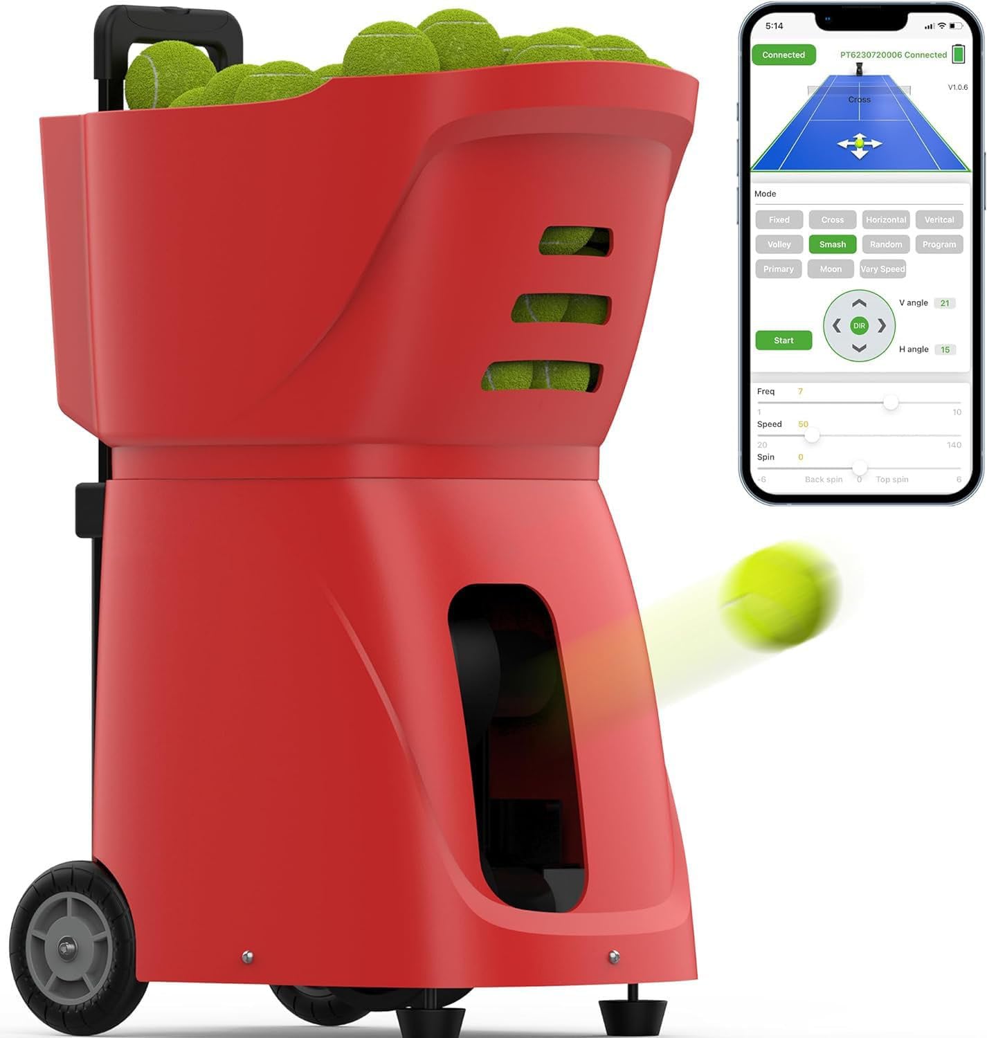 PT-Smart Tennis Ball Machine: 100+ Ball Capacity, 4-6 Hours Battery Life, External Battery, Multifunctional with Intelligent Remote Control and Automatic Ball Feeding, for Beginners Red