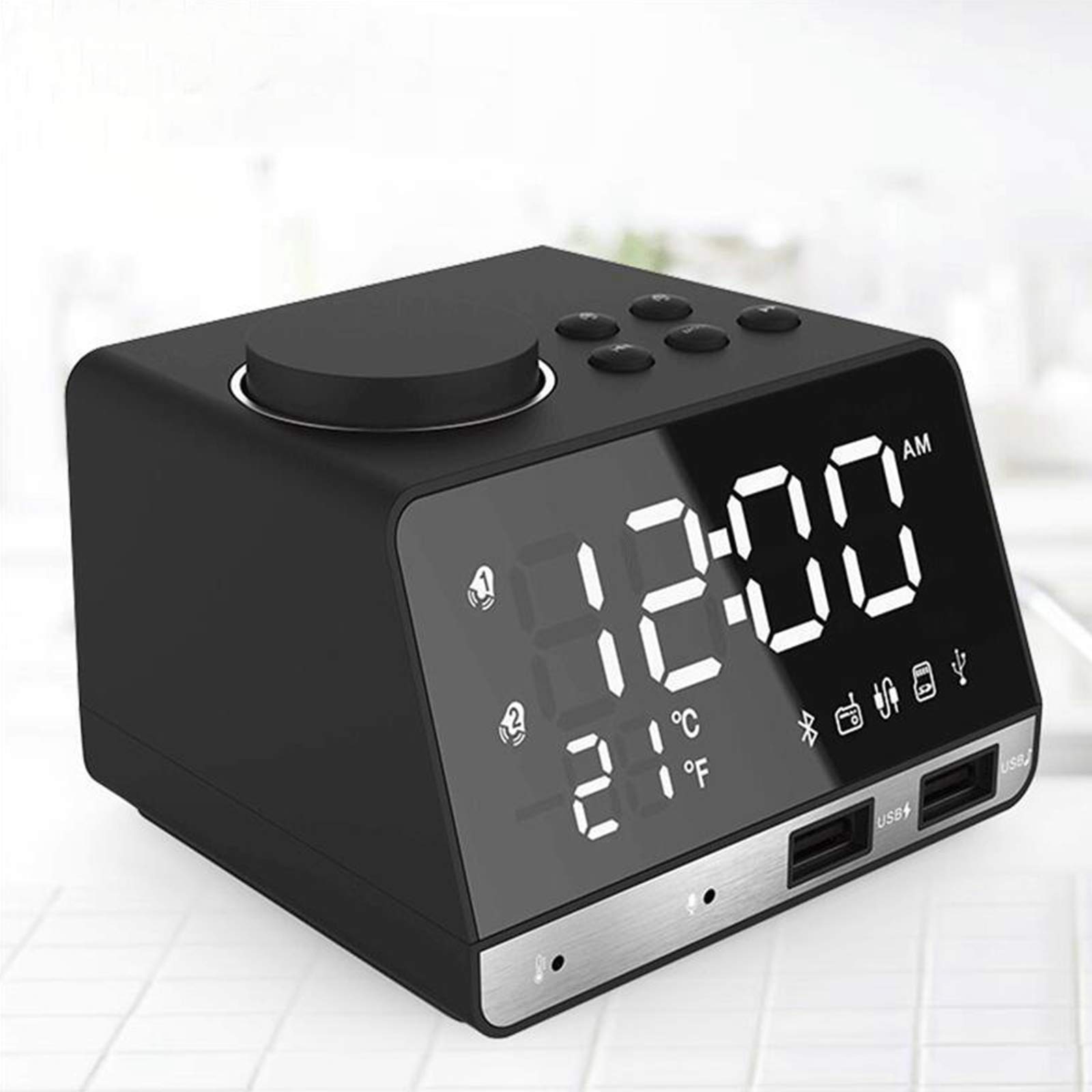 Réveil subwoofer avec chargement sans fil, horloges numériques pour la maison, haut-parleur Bluetooth avec port USB, double alarme, 3 luminosités réglables, lecteur, grand écran LED miroir pour