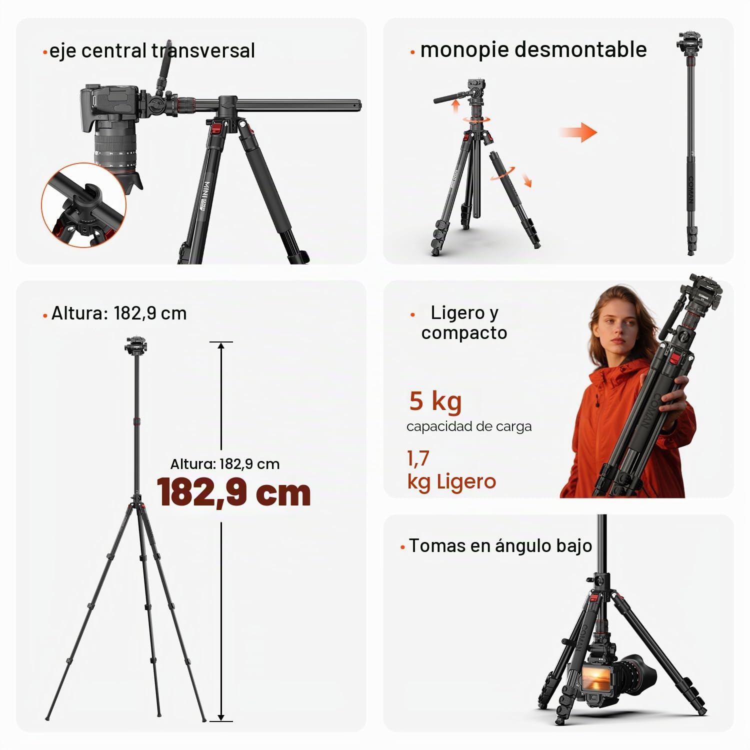 COMAN Trípode para Cámara Horizontal 181cm con Cabezal Hidráulico, Placa de Liberación Rápida y Monópode Desmontable, Adecuado para Cámaras SLR, Videocámaras Portátiles y Visores (KX3939MINI-V1)