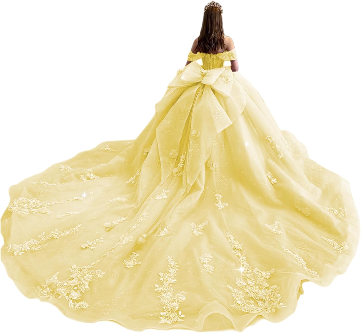 XYAYE Off Shoulder Beaded Quinceanera Dresses with Bow Puffy Tulle Lace Sweet 16 Dresses Layered Applique Long Ball Gown