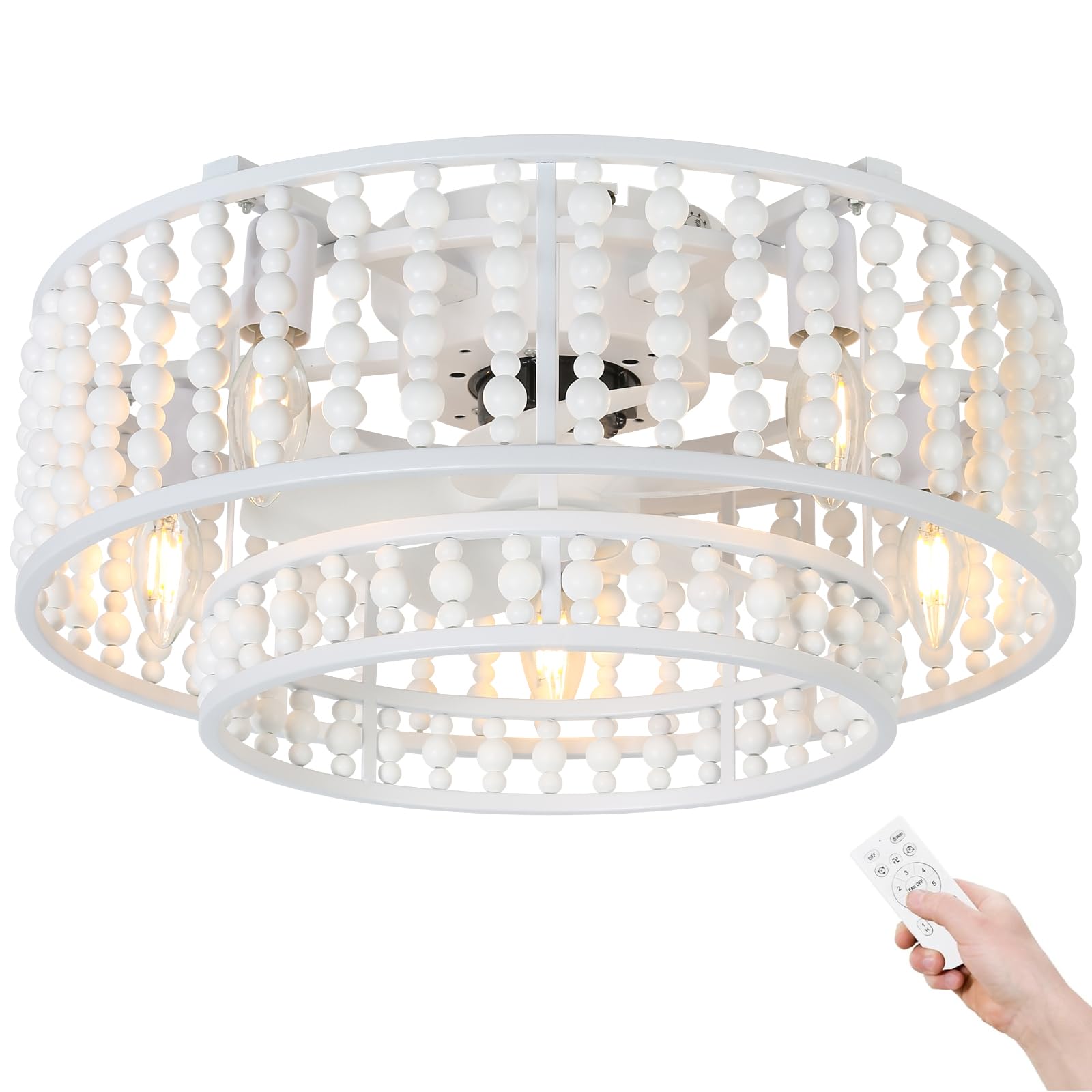 Boho Wood Beads Ceiling Fan with Light and Remote, 19" White Bohemian Flush Mount Ceiling Fans with 6 Speeds, Caged Low Profile Fandelier for Bedroom, Dining Room, Living Room