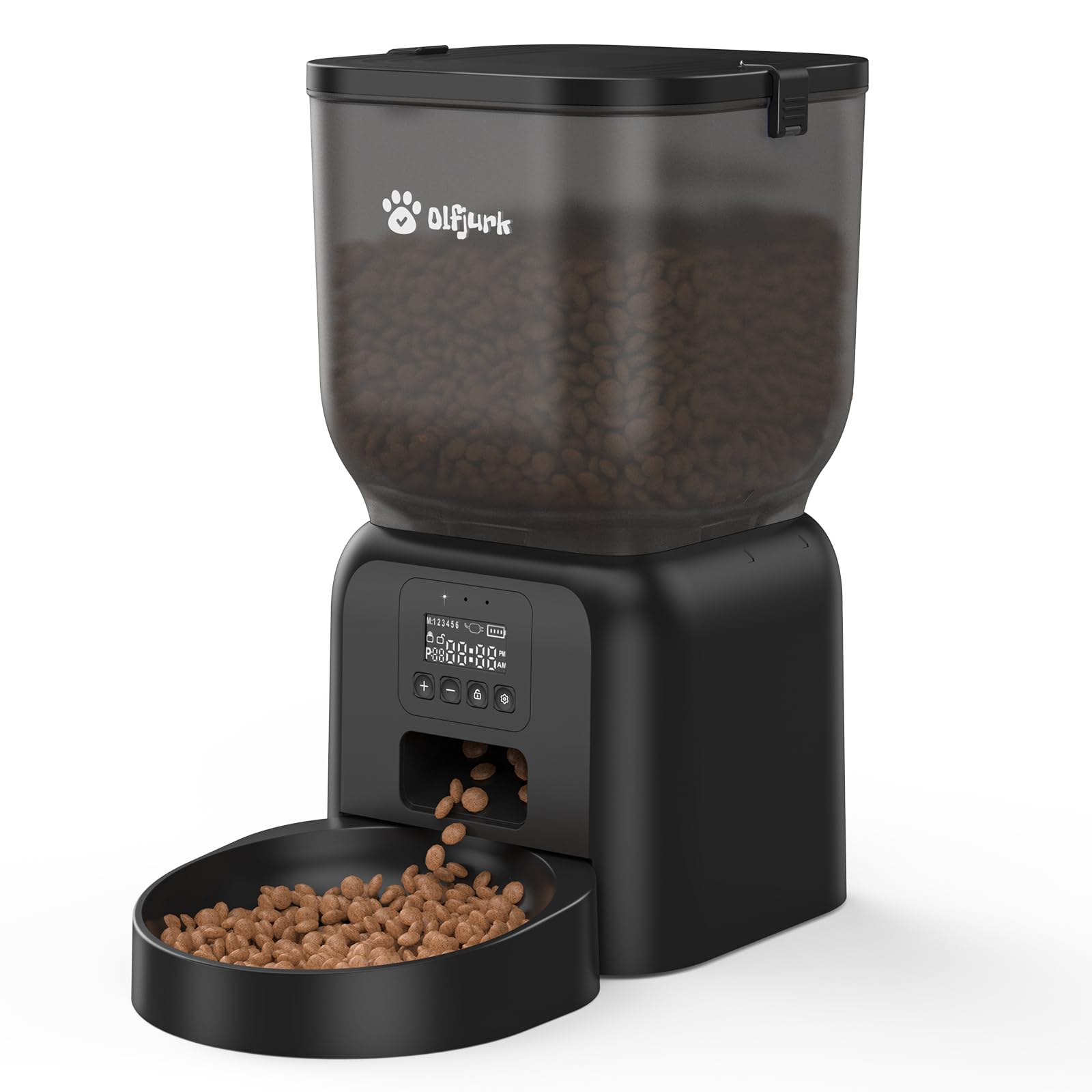 Olfjurk Automatic Pet Feeder showing dual power supply options