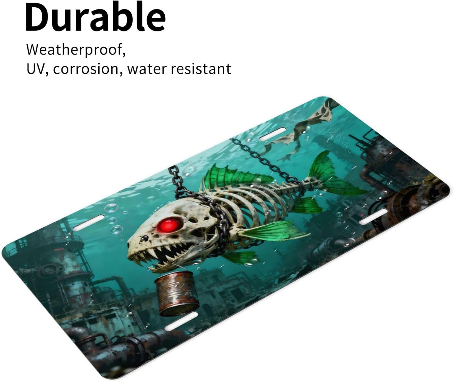Skeleton Fish Seabed Ruins Front License Plate Car Decorative License Plates Aluminum Metal Decor Accessory Novelty Vanity Tag Cover with 4 Holes for Men Women 6" X 12"