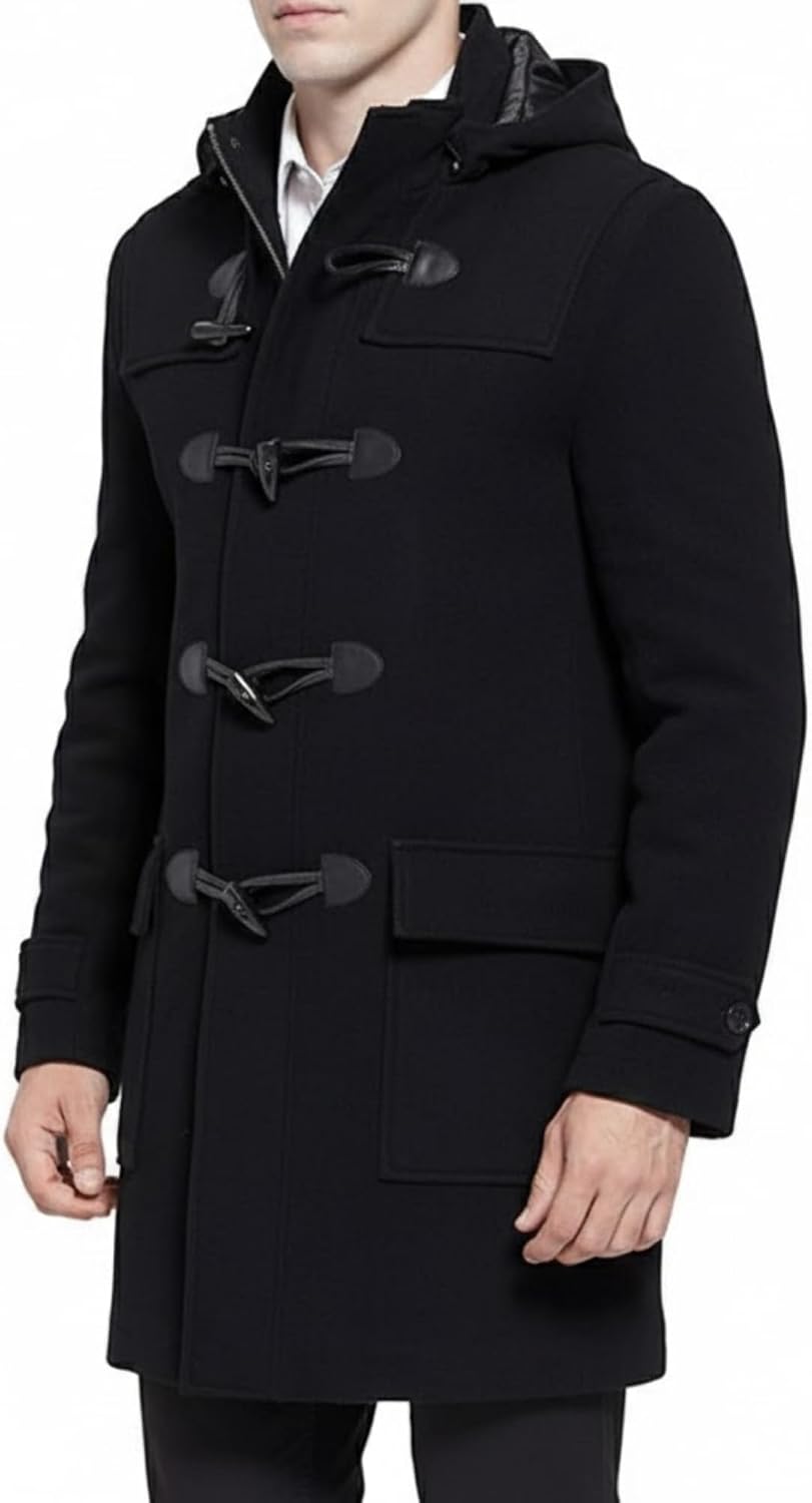 SBL SOUTH BEACH LEATHER Men’s Black Duffle Coat with Hood - Winter Wool Blend Long Car Coat - Toggle Button Closure