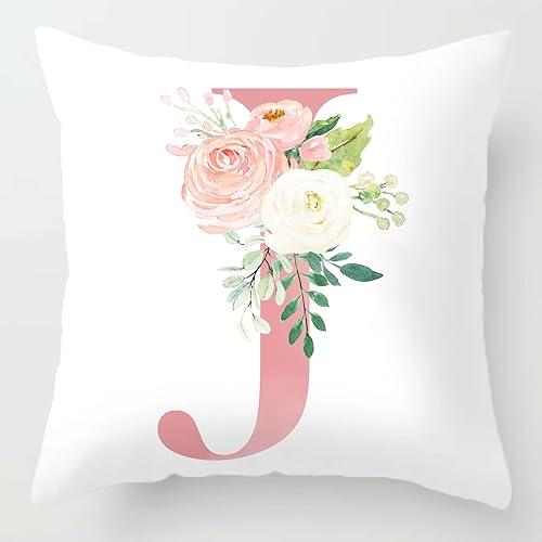 Fundas de almohada decorativas del alfabeto, 18 x 18 pulgadas, fundas de almohada con letras J rosas, fundas de almohada florales, fundas de