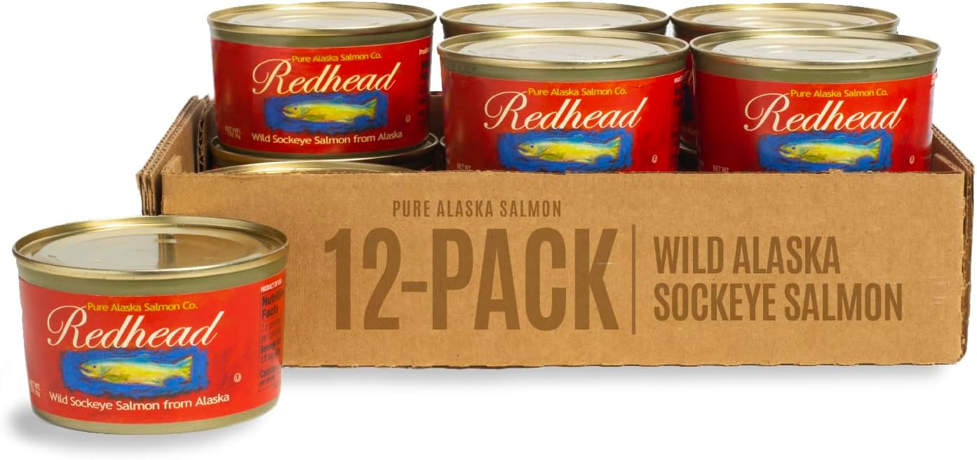 Redhead Wild Alaska Sockeye Salmon 12 pack, Wild-Caught, Gluten Free, Non-GMO, Kosher, Sustainable, Product of USA,12 pack-7.5 oz cans