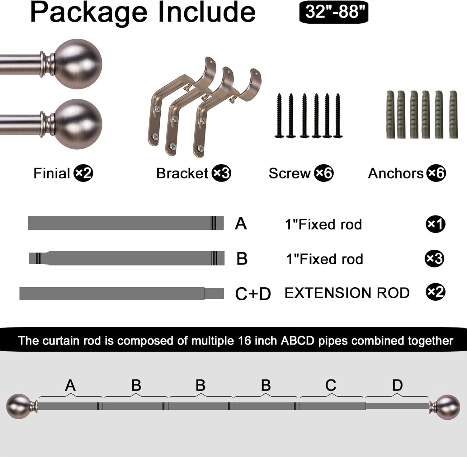 Satin Nickel Curtain Rods for Windows 18 to 88 inches, 1 Inch Modern Metal Drapery Rods, Adjustable Heavy Duty Curtain Pole with Round Finials(18"-88"Satin Nickel)