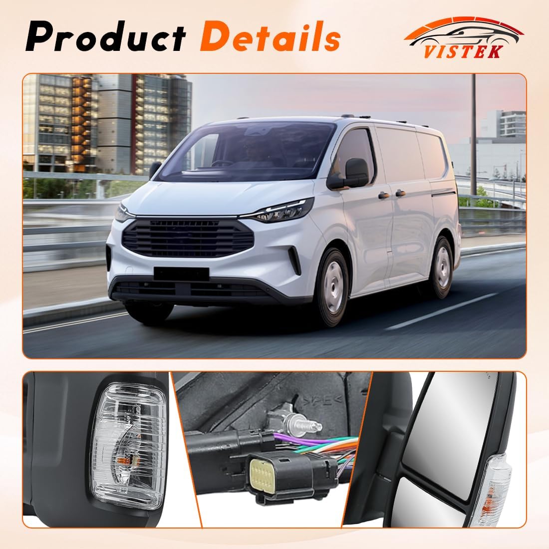 Power Heated Door Mirror & Driver Side View Mirror FIT Ford Transit 150 250 350 350 HD 2014-2024, Long Arm Towing Mirror, Integrated Turn Signal, Replace OE# LK4Z-17682-GB, Left Side Only