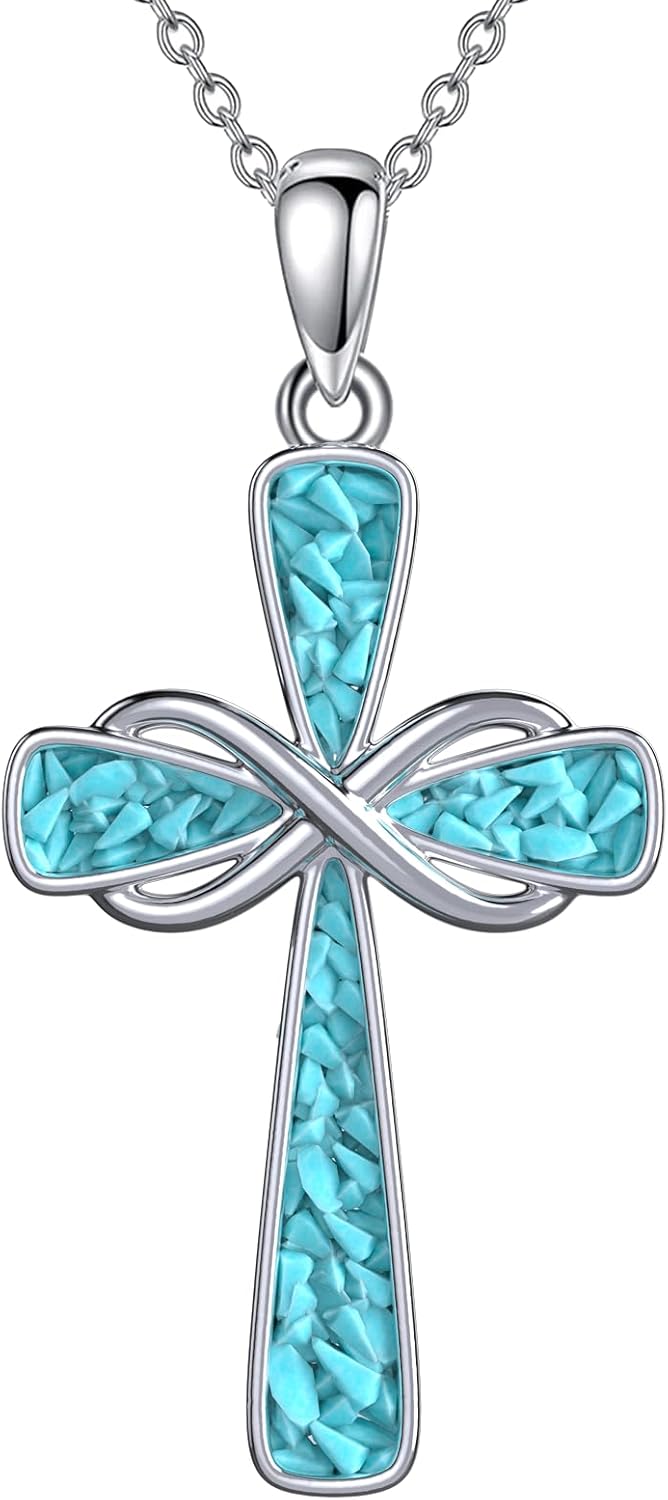 925 Sterling Silver Cross Necklace for Women Turquoise Cross Pendant Religious Jewelry Gifts for Her Wife Mom Birthday Christmas