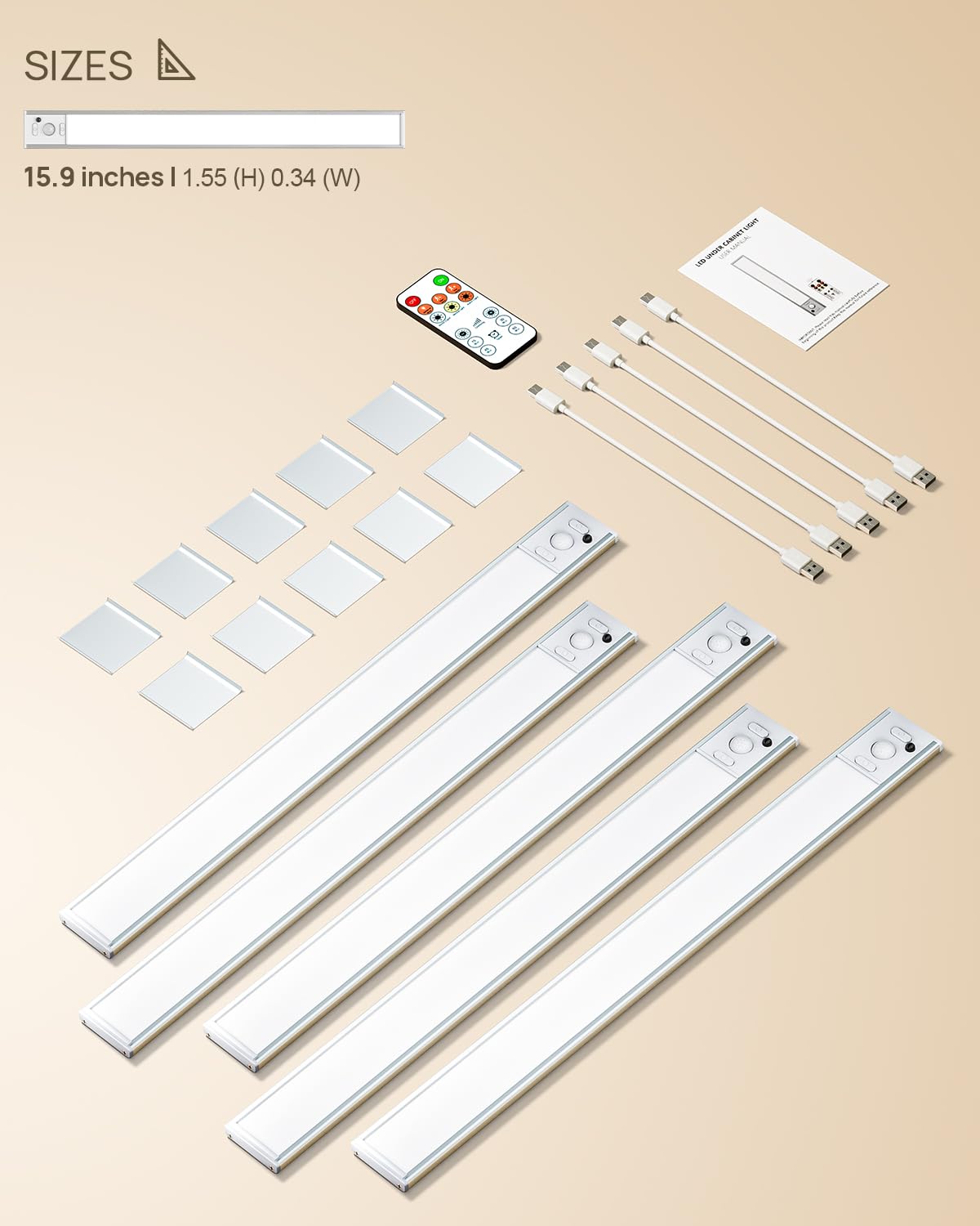 Iluminación debajo del gabinete con control remoto, luz LED recargable por USB con sensor de movimiento para interiores