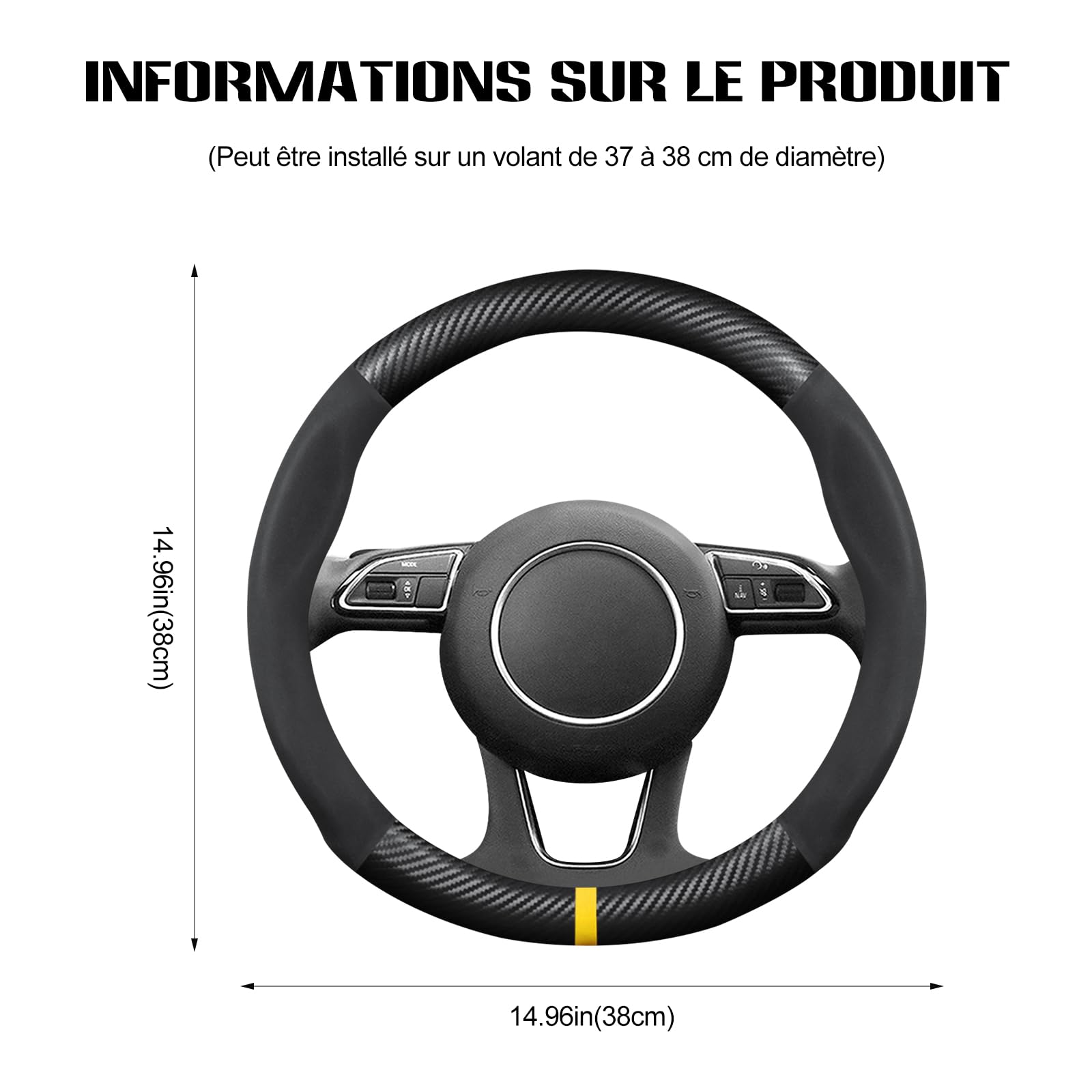 Ergocar Housse De Volant Ronde en Fibre Carbone Et Cuir Microfibre, Caoutchouc Antidérapant, Respirant Et Inodore, Convient pour Toutes Les Saisons. 38 Cm (15 Pouces)