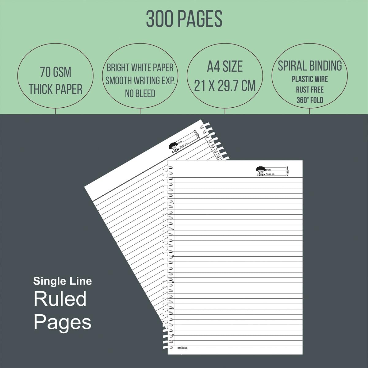 amblitz Spiral Notebook | 300 Pages | A4 Size | Single Line Ruled | Beautiful Covers with Motivational Quotes | Pack of 1 | School College Student Notemaking Notebook | 70 GSM Thick Paper 3