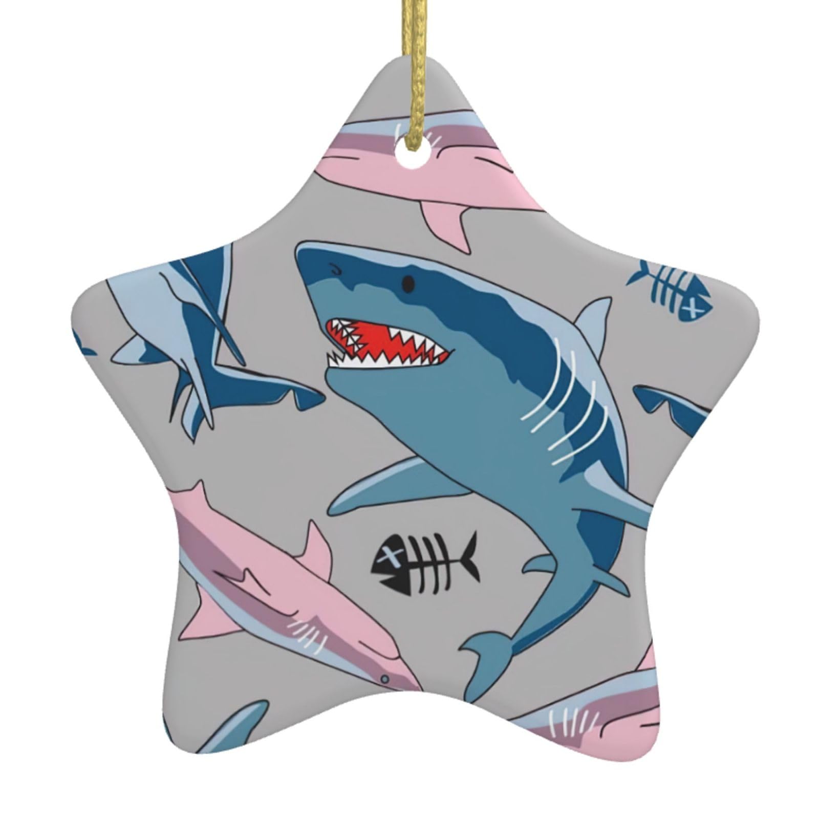 Nbtghga White Blue Cartoon Fish Print Christmas Ornaments, Ceramic Hanging Ornament, Round Shape Decorations