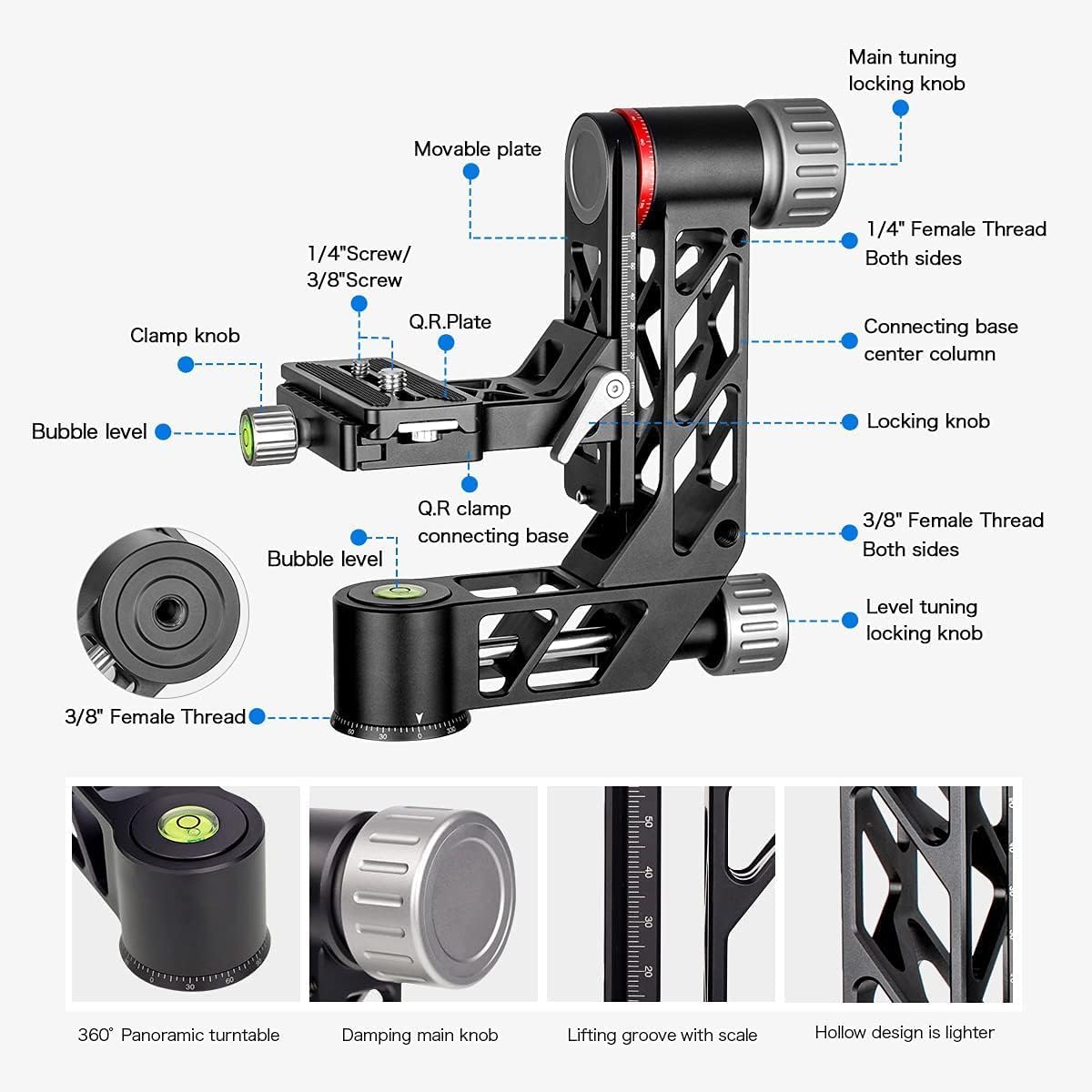 Koolehaoda Professional Gimbal Head Tripod Head Aluminum Alloy Heavy Duty 360° Panoramic with Arca-Swiss Standard 1/4 inch QR Plate for DSLR Cameras up to 55.11lbs/25kg. (GH-3) - Image 2