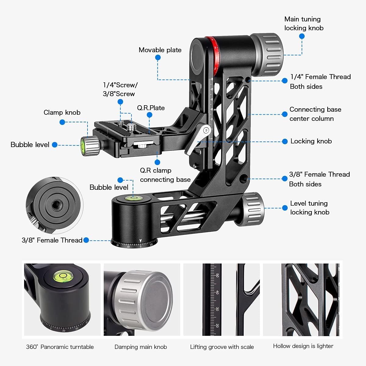 koolehaoda Cabezal de cardán profesional, Cabezal panorámico de 360 ​​° de alta resistencia de aleación de aluminio para cámaras DSLR, Carga hasta 55.11 lb / 25 kg (GH-3)