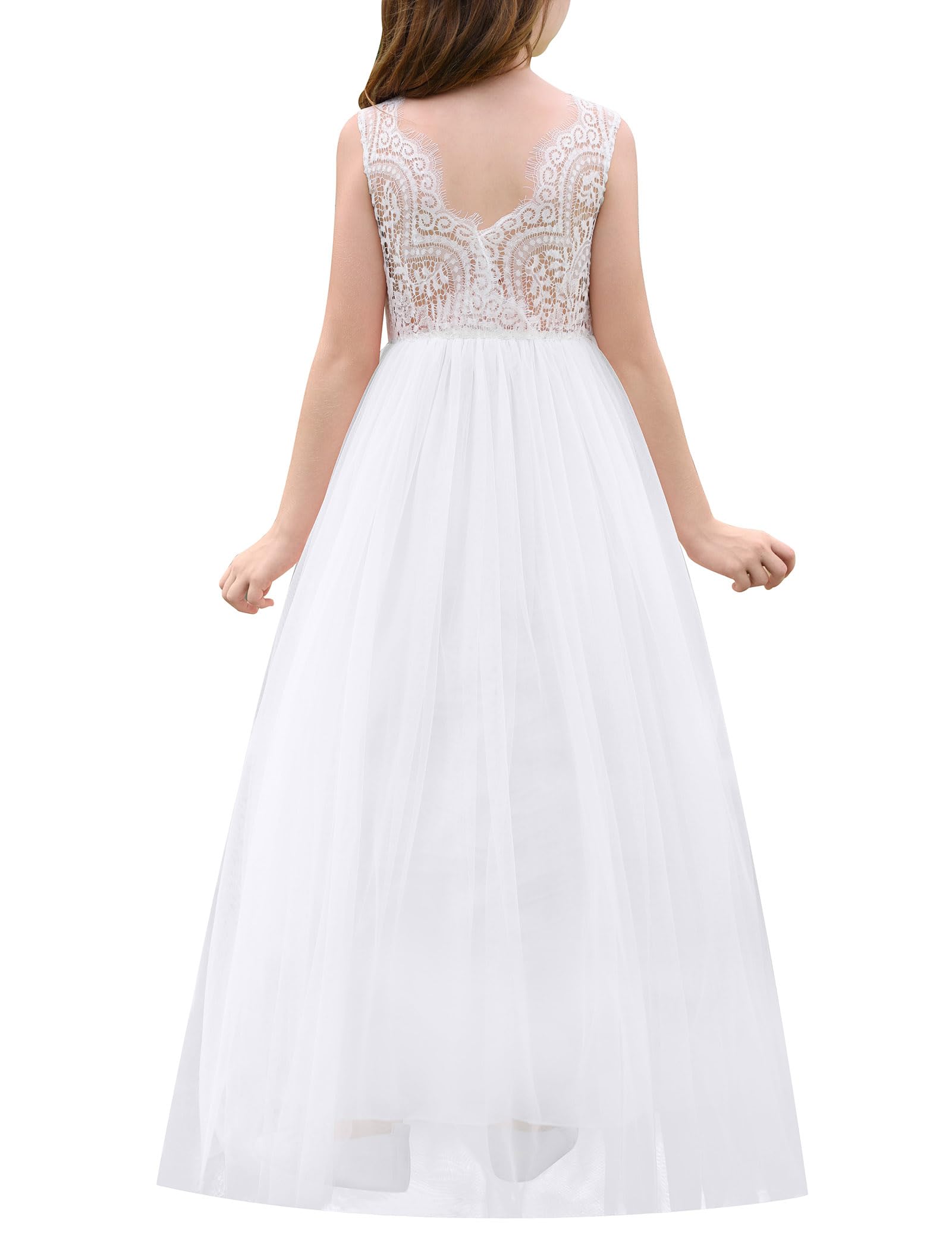 Abito elegante in pizzo, senza maniche, con scollo a V, schiena in tulle, per feste, matrimoni, damigelle d'onore, prima comunione, compleanno, principessa