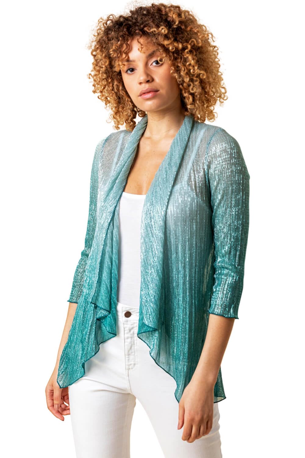 Roman Originals Women's Teal Ombre Metallic Plisse Kimono - Spring Everyday Summer Evening Vacation Work Holiday 3/4 Sleeve Cruise Smart Casual - Size 16