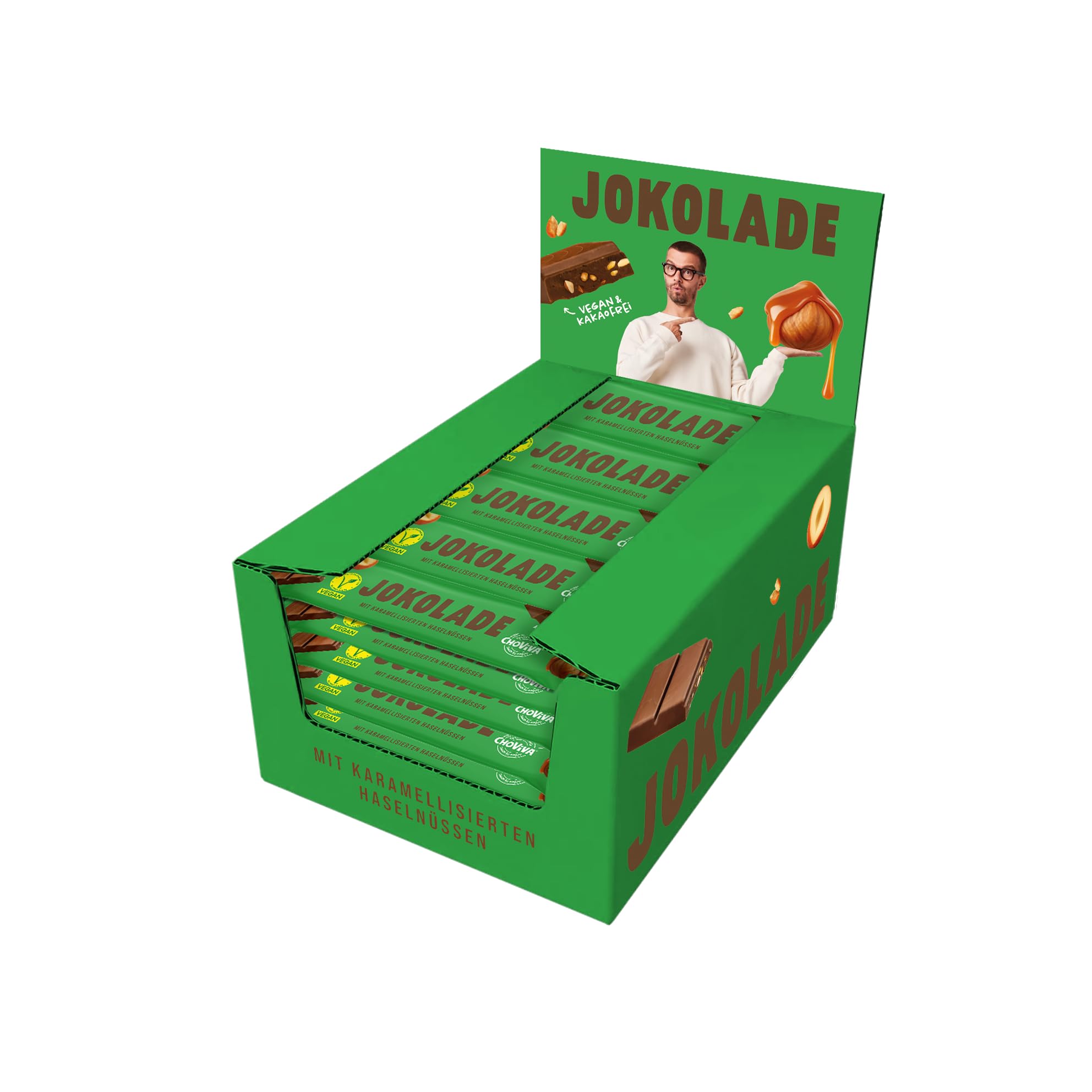 JOKOLADE 40 x 40 g Riegel | Mit karamellisierten Haselnüssen & knusprigen Cerealien | In praktischer Vorratsbox | Vegan & Kakaofrei