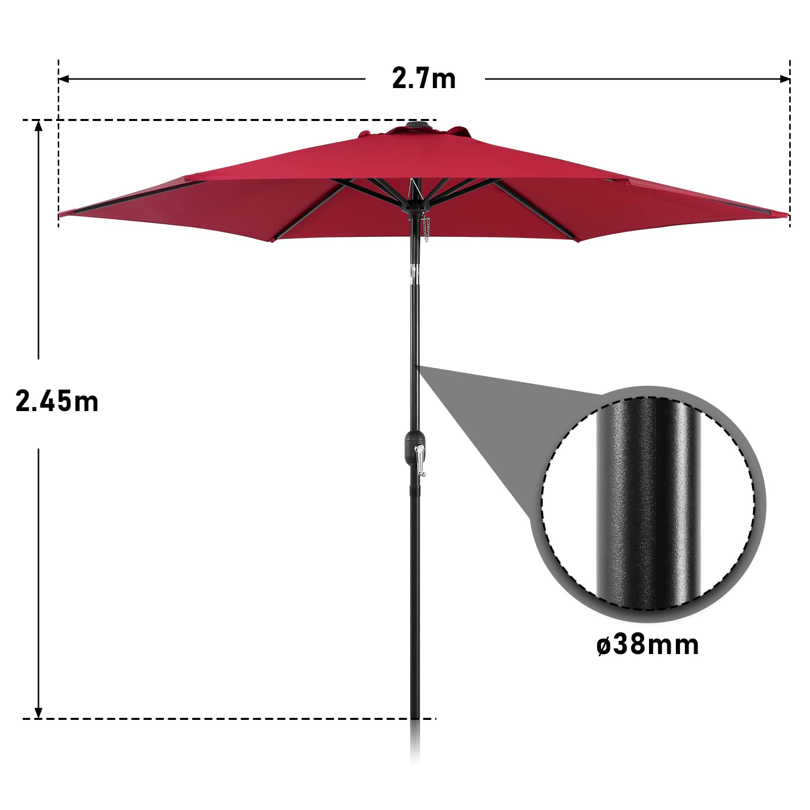 Parasol przeciwsłoneczny, składany parasol plażowy, regulowany kąt nachylenia i wysokość, parasol plażowy na balkon, taras, plażę, bez stojaka, antracyt, czerwony, 270cm