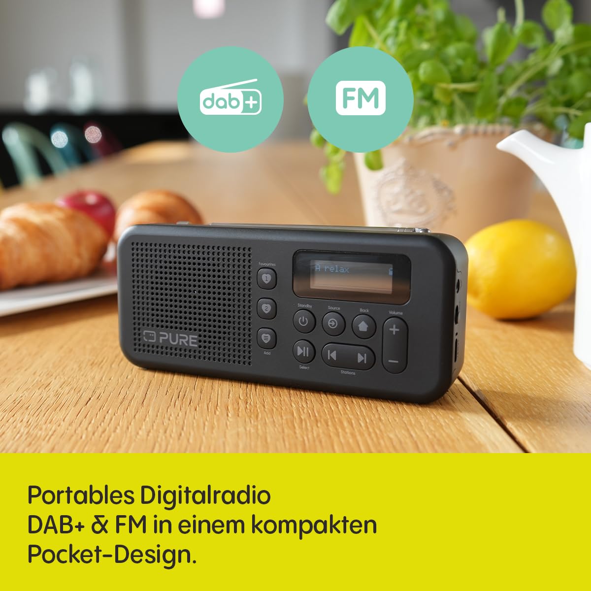 Pure Elan Move Tragbares Digitalradio DAB+ & FM mit Bluetooth 5.3, Ultra‑kompaktes Taschenradio mit Akku bis 16 Std, portables Radio mit Kopfhöreranschluss & LCD‑Display – Schwarz