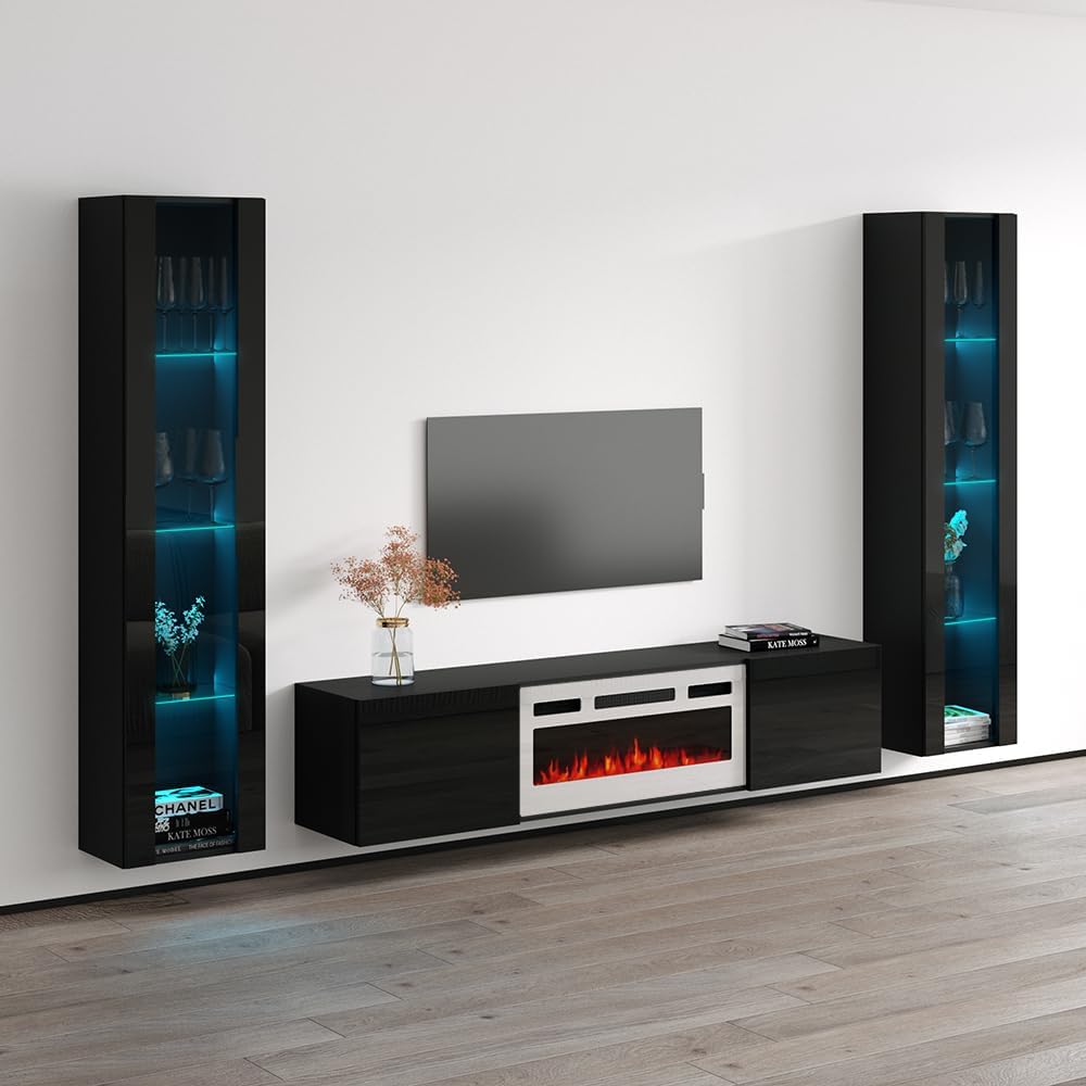 Meble Furniture Cali WH-EF 40'' Electric Fireplace TV Stand — Floating Entertainment Center with Multicolor Flame Options — Modern Storage Console, 40 x 15 x 24 in — Black