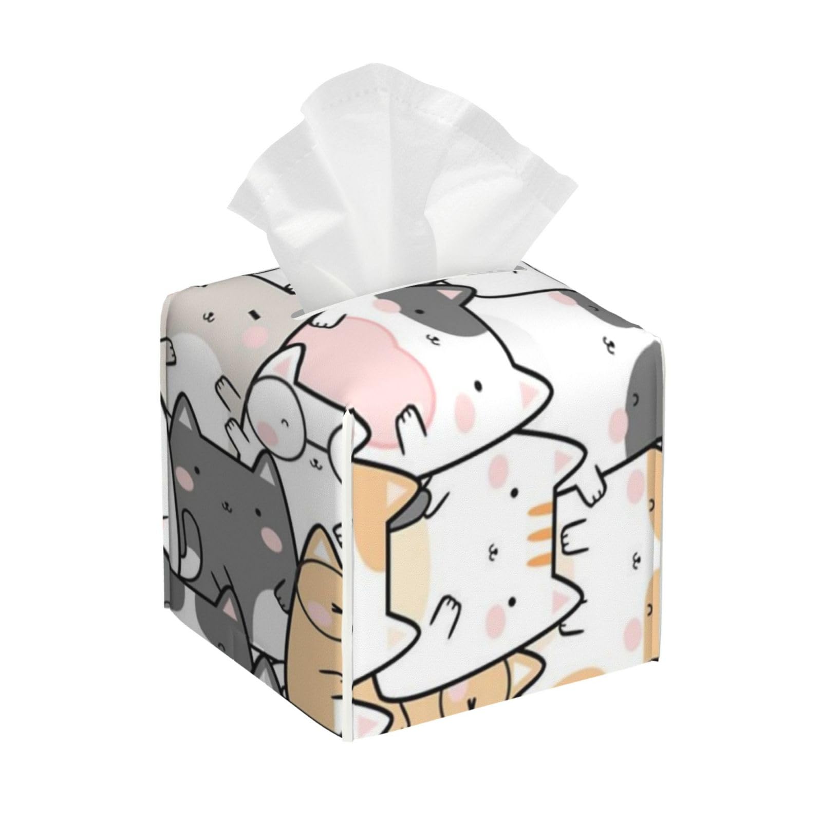 Kawaii Cats - Orange and Gray Tissue Box Cover 5" Square Leather Tissue Holder Facial Tissue Case for Tabletop Bedroom Bathroom Desk Decor