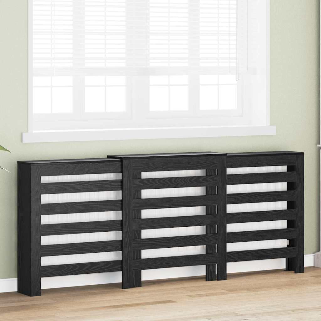 Heizkörperabdeckung Schwarz Eichen-Optik aus Holzwerkstoff 205 x 21,5 x 83,5 cm, mit Regalfach und vertikalen Latten für effizienten Wärmefluss im Wohnzimmer